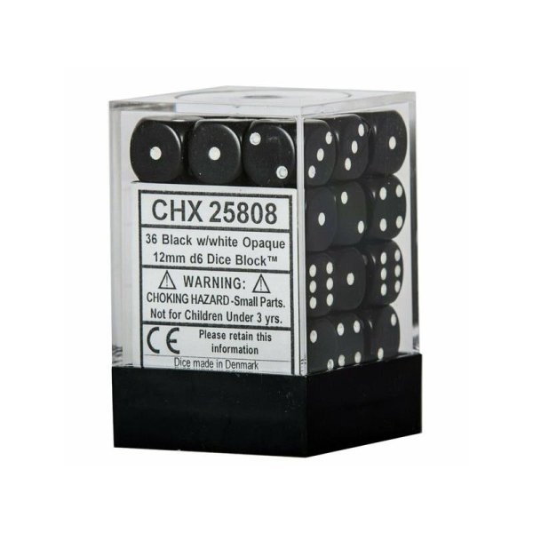 Chessex Opaque Würfelbox 12mm d6 Dice Block (36 Dice) - Black/White