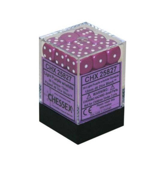 Chessex Opaque Würfelbox 12mm d6 Dice Block (36 Dice) - Light Purple/White