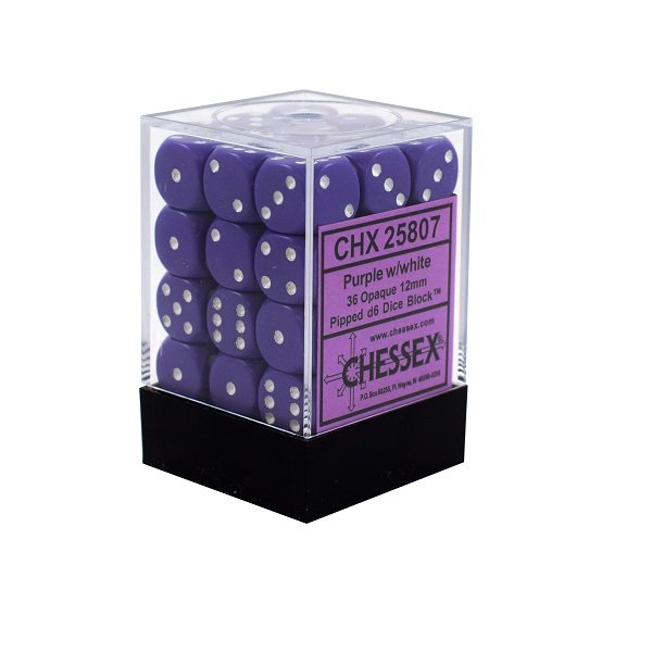 Chessex Opaque Würfelbox 12mm d6 Dice Block (36 Dice) - Purple/White