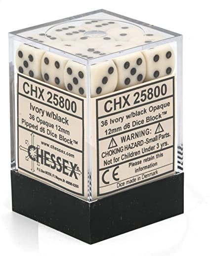 Chessex Würfelbox Ivory/black Opaque 12mm d6 Dice Block (36 Dice)