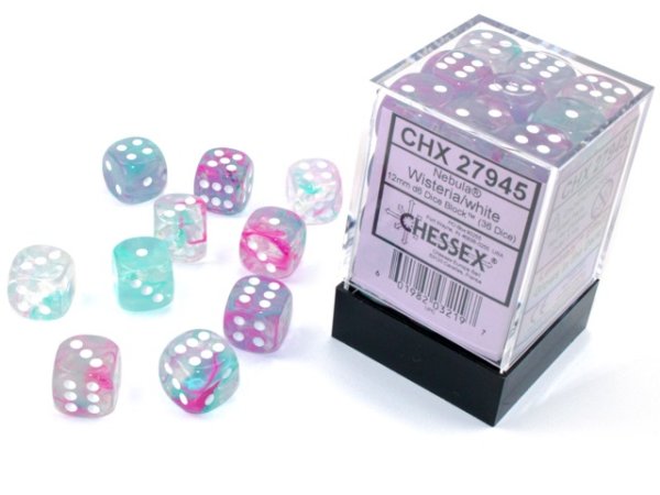 Chessex 12mm d6 Blocks - Nebula TM 12mm d6 Wisteria/white Luminary Dice Block™ (36 dice)