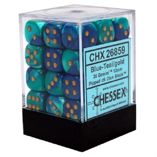 Chessex Gemini 12mm d6 Dice Blocks with pips Dice Blocks (36 Dice) - Blue-Teal w/gold