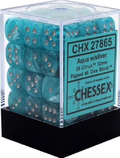 Chessex Signature 12mm d6 with pips Dice Blocks (36 Dice) - Cirrus Aqua w/silver