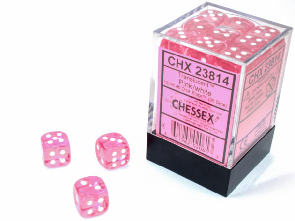 Chessex translucent Würfelbox 12mm d6 Dice Block (36 Dice) - Pink/White