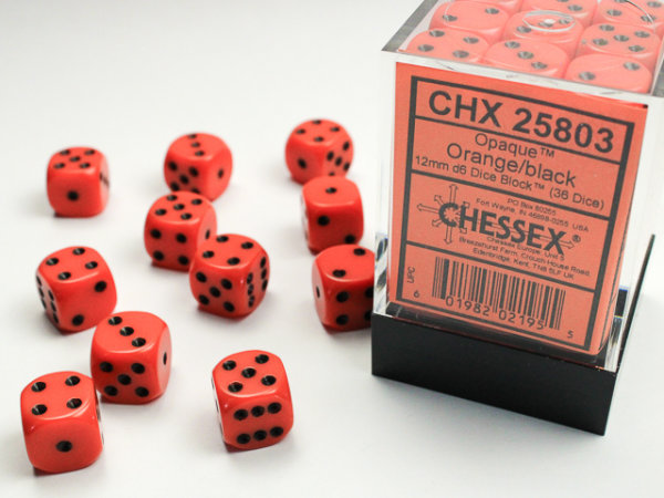 Chessex Opaque Würfelbox 12mm d6 Dice Block (36 Dice) - Orange/Black